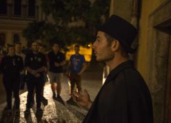 Guide and tourist on Ghost Tour, Prague Old Town